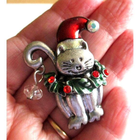 Christmas Kitty Cat Brooch Pin - Signed KC - Holiday Jewelry - Gift Boxed - Picture 3 of 5